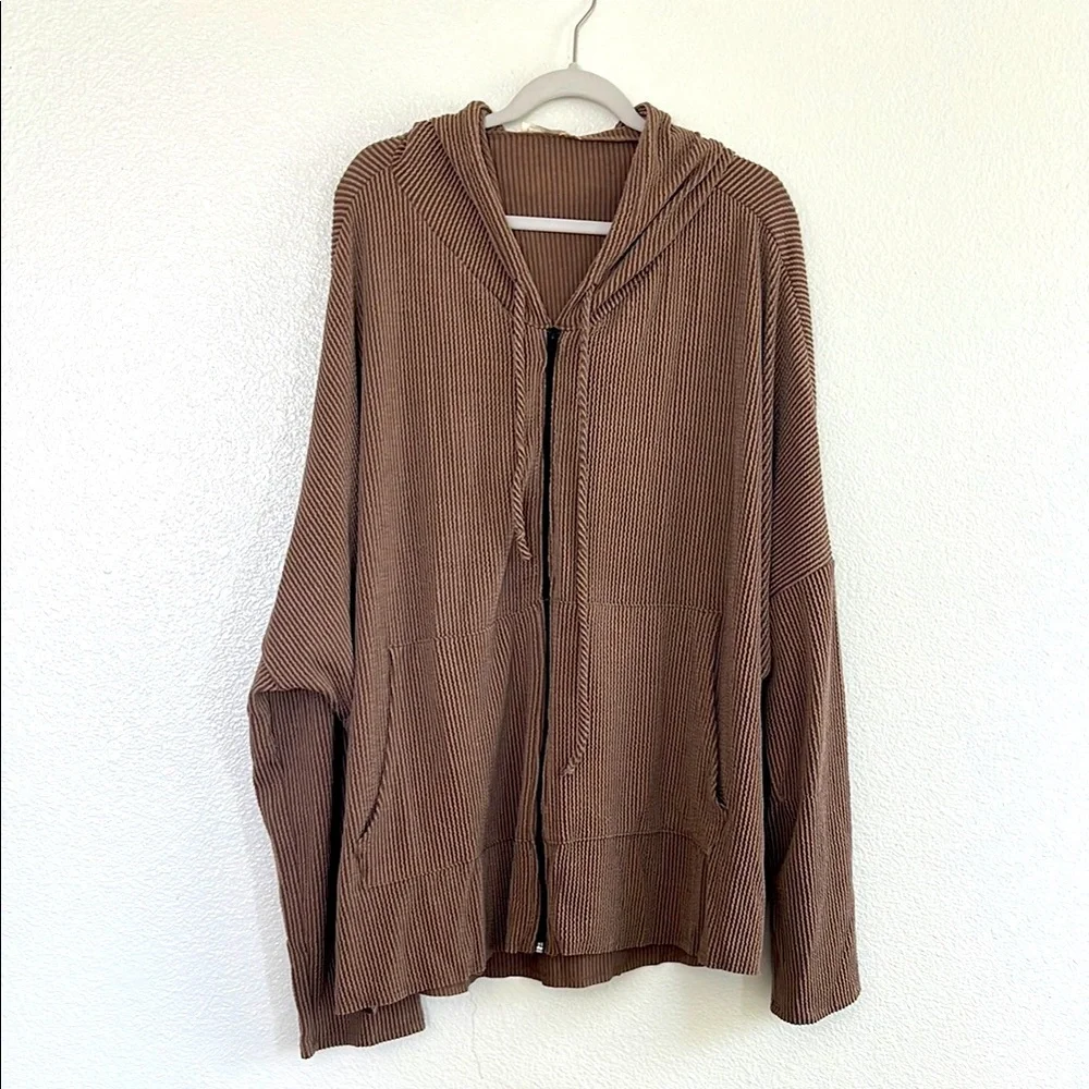 Brown Ribbed Zip-Front Hoodie